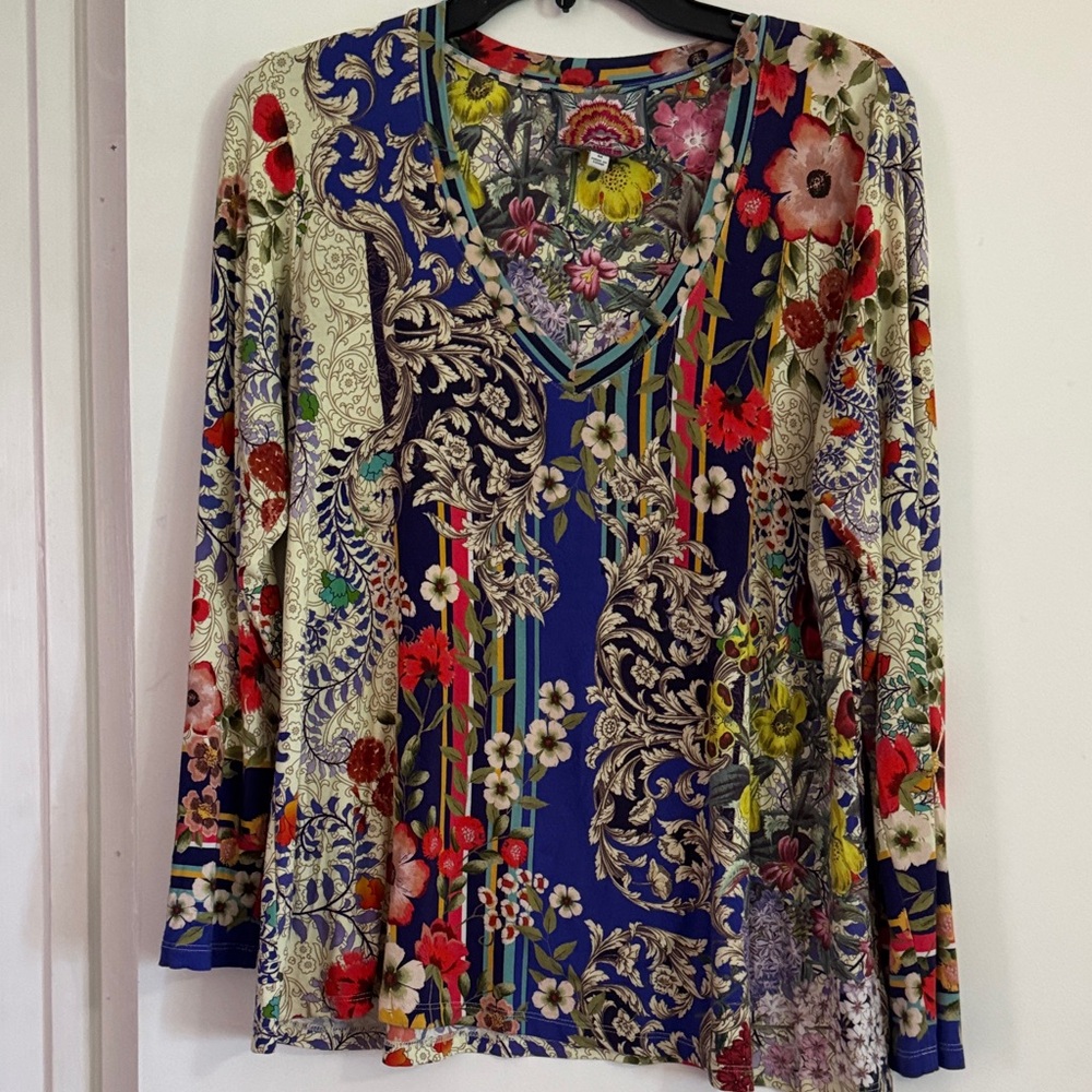 Johnny Was Multicolor Floral V-Neck Blouse
